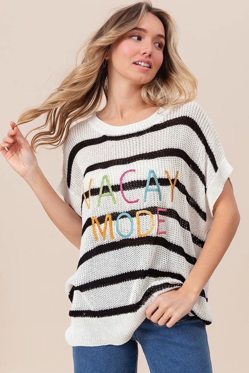 BiBi Vacay Mode Lettering Drop Shoulder Striped Sweater - Bela Fils BoutiqueBela Fils Boutique